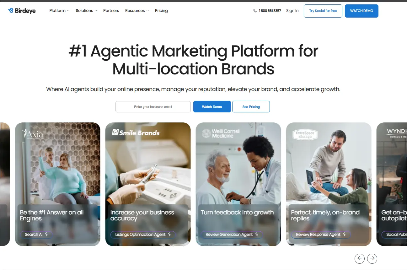 Agentic marketing platform highlighting content automation and engagement workflows across distributed business locations.