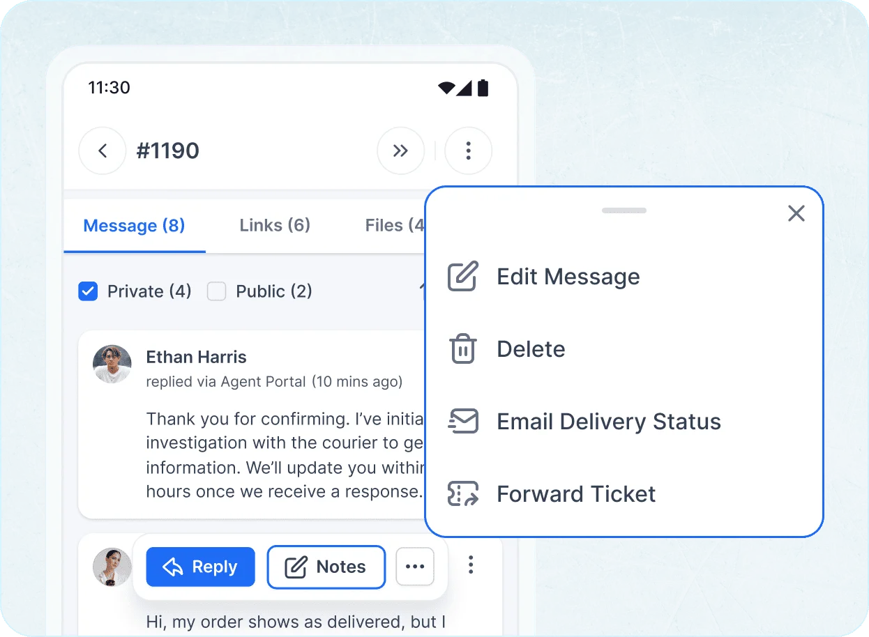 Mobile help desk with built-in tools like canned replies, notes, and quick ticket edits.