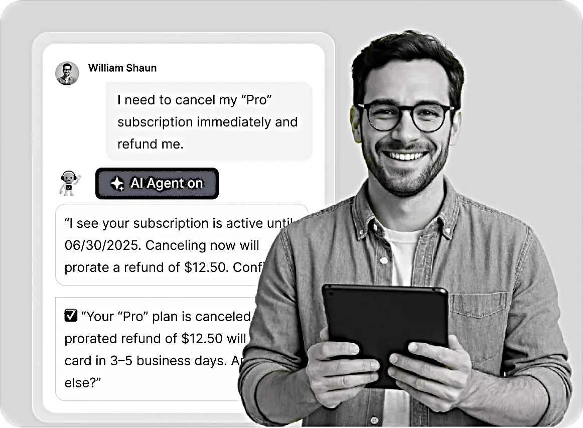 AI customer service agent handling subscription cancellation and refund while a user reviews the conversation