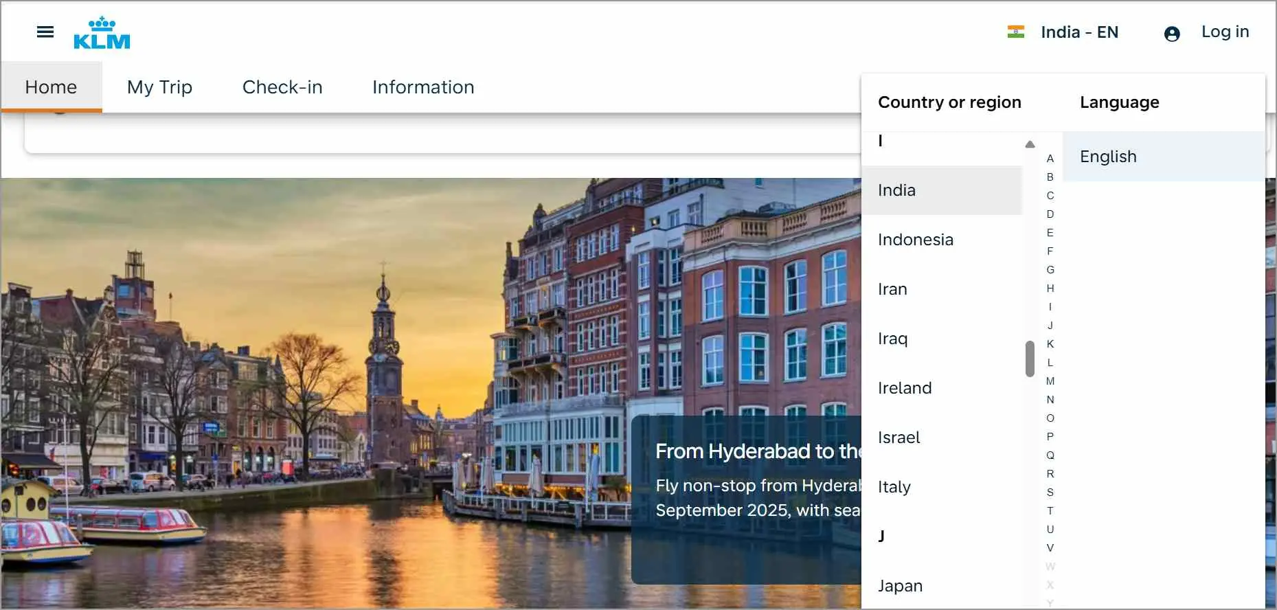 KLM airlines home page