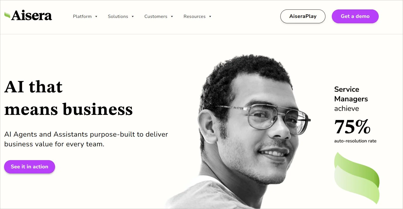 Aisera AI agent and assistant platform homepage