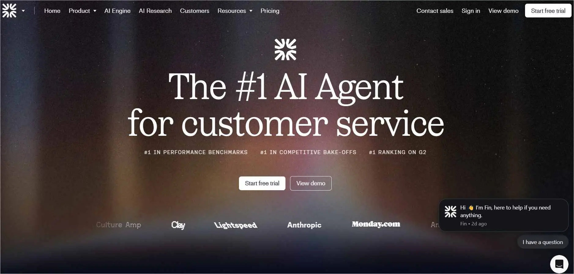 Fin AI agent for customer service homepage