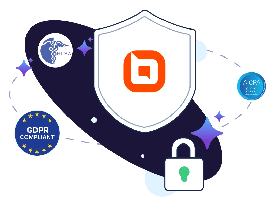 Shield with orange logo surrounded by HIPAA, GDPR, AICPA SOC badges and a lock icon symbolizing strong data security