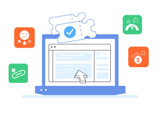 Illustration of a laptop with a puzzle piece above showing a checkmark. Surrounding icons include star rating, growth graph, and thumbs up.