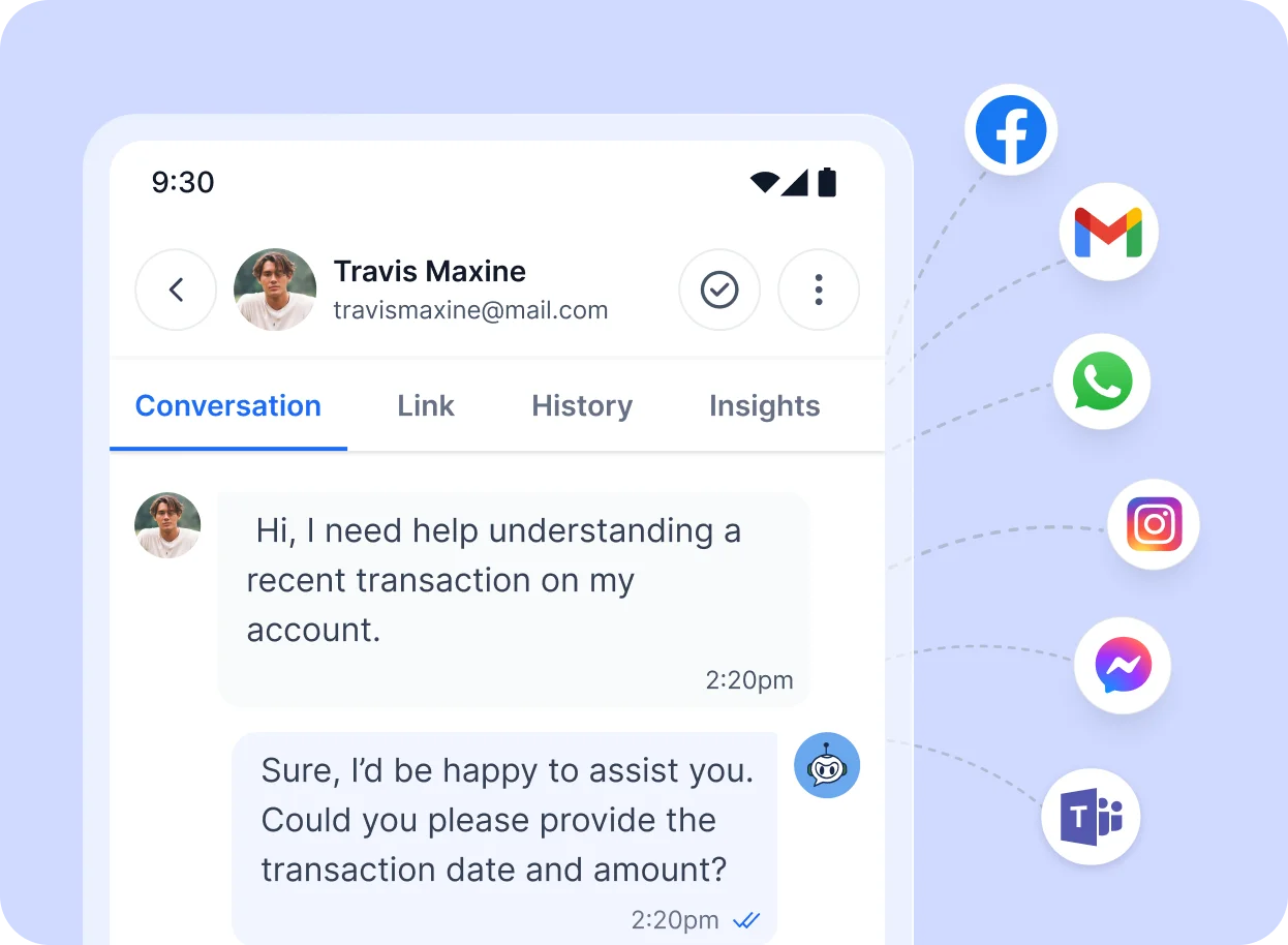 Mobile chat shows a user asking for transaction help; icons for Facebook, Gmail, WhatsApp, Instagram, Messenger, and Teams appear on the right.