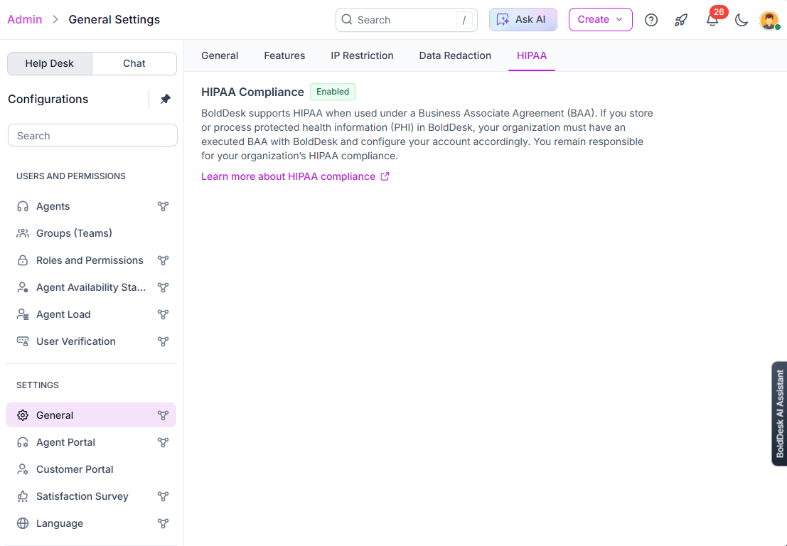 BoldDesk Healthcare-grade security with HIPAA compliance