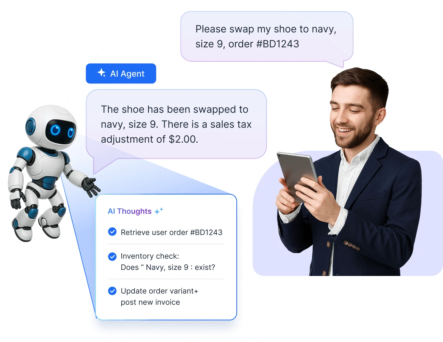 A man with a tablet interacts with an AI Agent on-screen about a shoe order and tax update; AI thoughts appear in a blue box fetching order details.