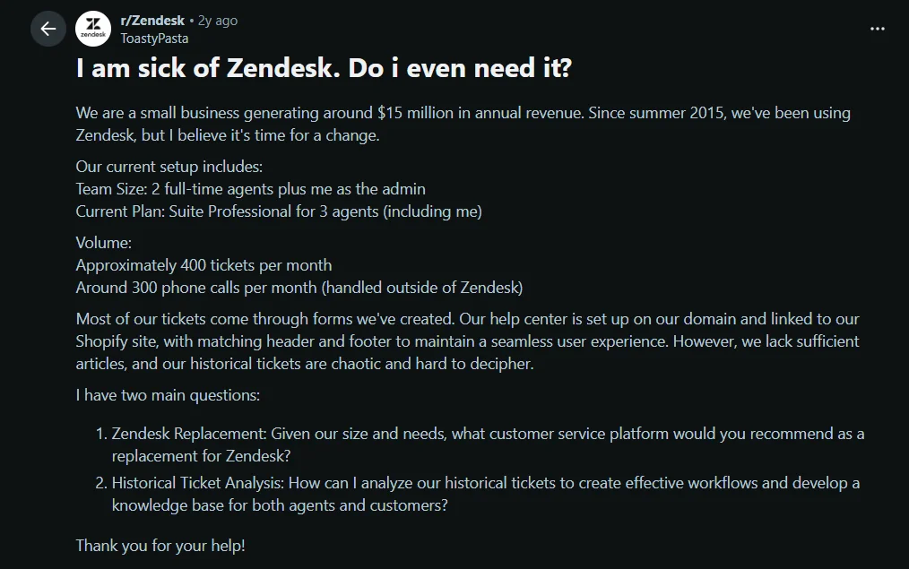 A Reddit post discussing Zendesk challenges, including historical ticket management and platform replacement.