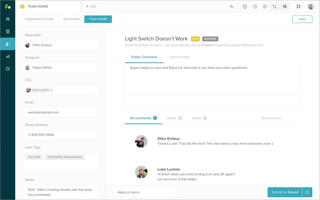 Zendesk Agent Workspace displaying ticket details, customer information, comments, and support history