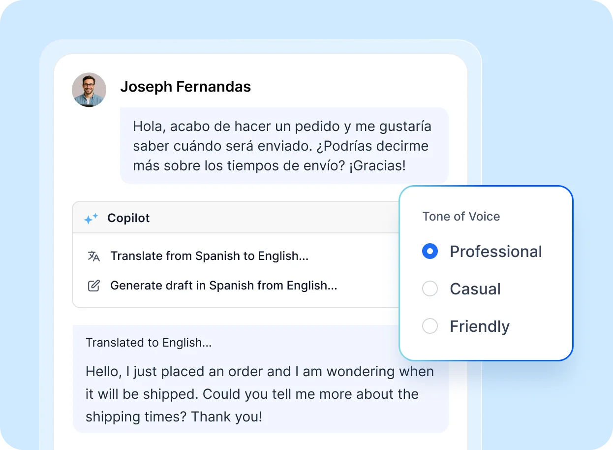 A chat interface displays a Spanish message translated into English by Copilot, with a tone selector showing options: Professional, Casual, Friendly.