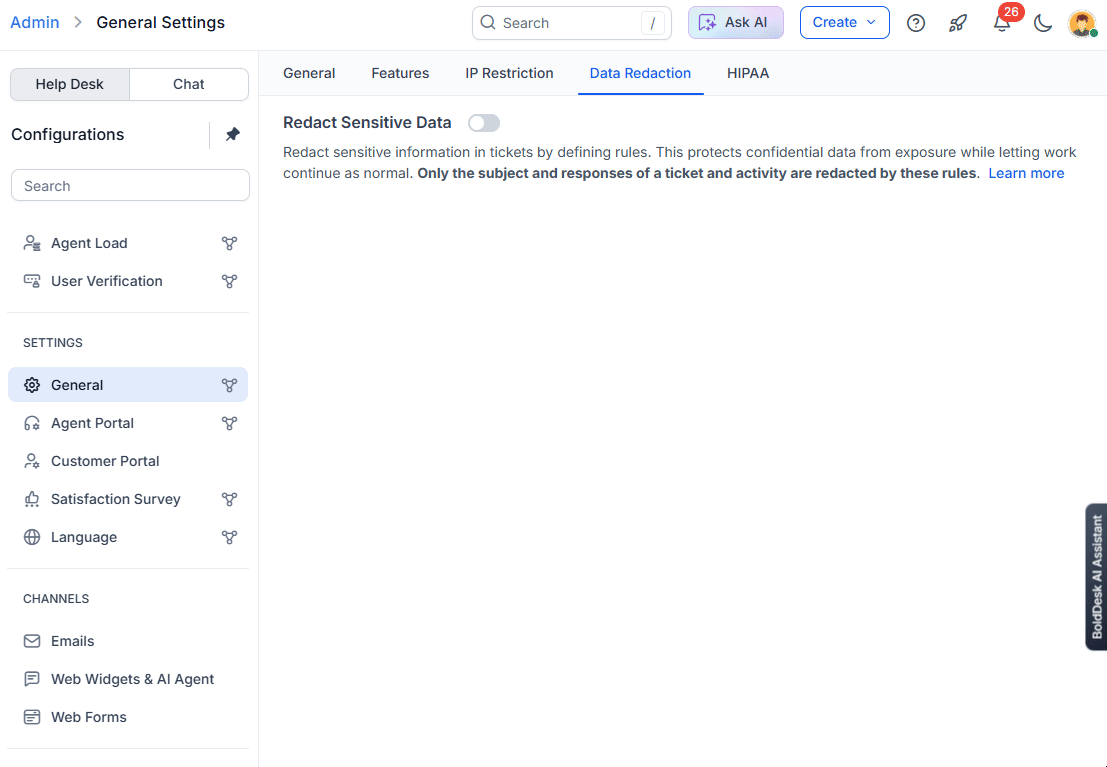 HIPAA Compliance Data Redaction Features in BoldDesk