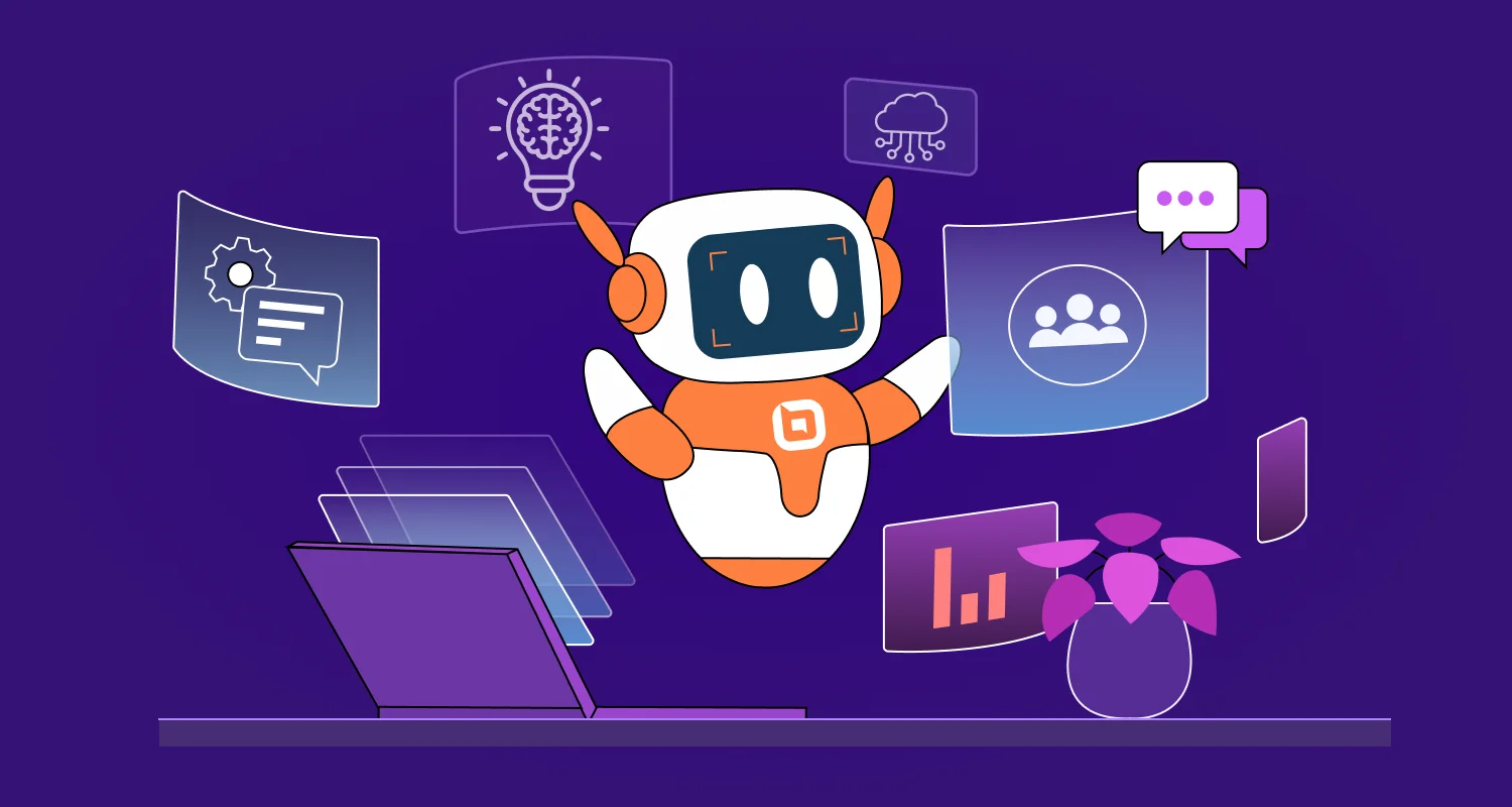 A robot floating on a purple background, surrounded by icons like a brain-lightbulb, cloud, gear, and messaging icon, visually representing the independence aspect of autonomous agents.
