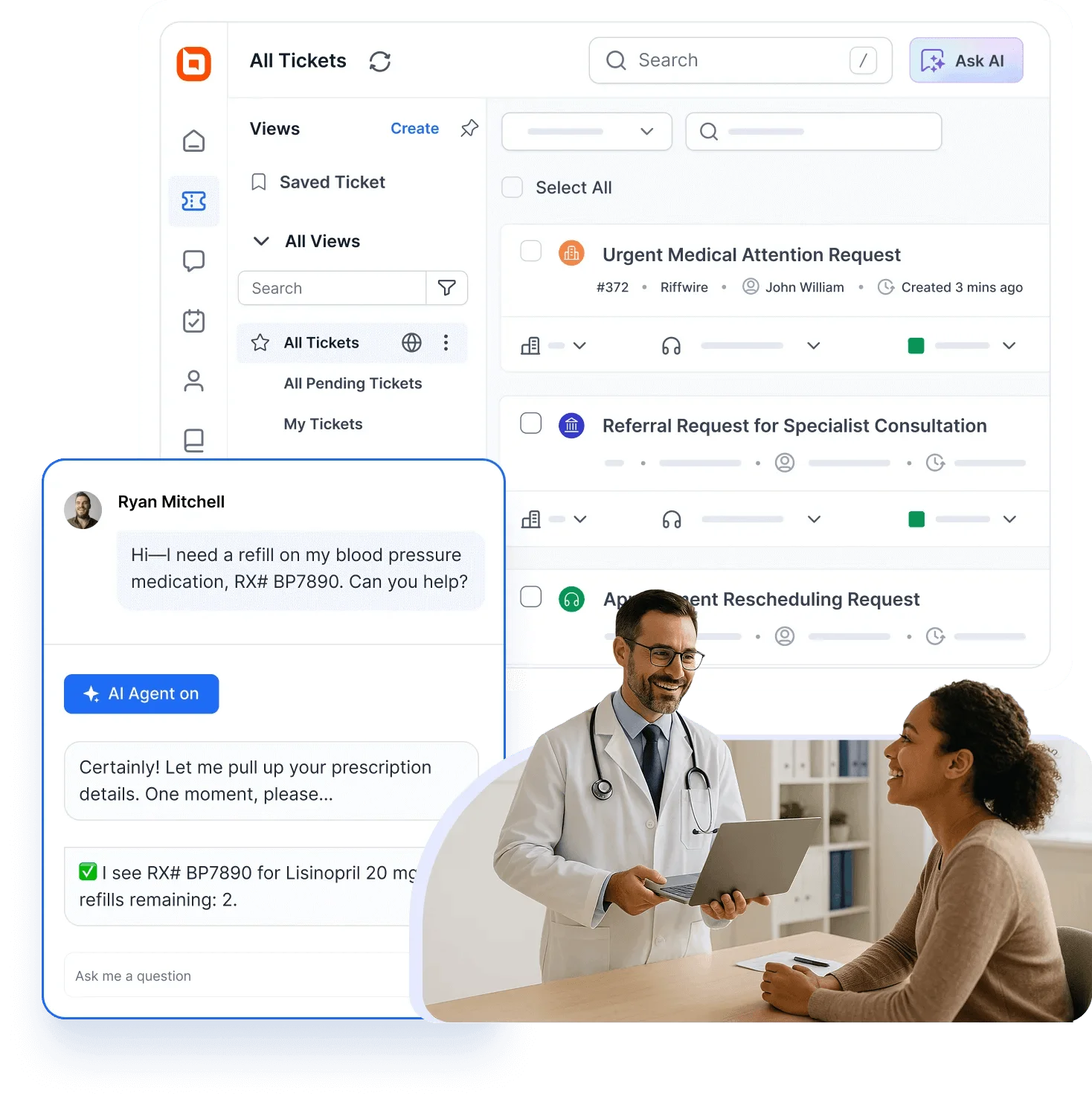 Medical ticketing interface with AI chat for medication refill and doctor-patient discussion below