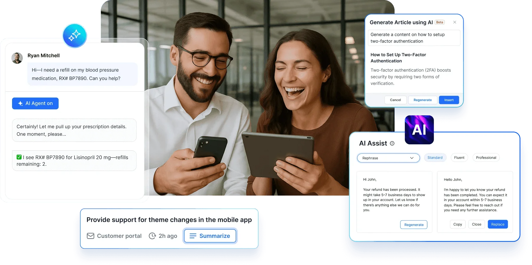 Man and woman using tablet and phone with AI chatbot interfaces for tasks like prescription refills and article generation