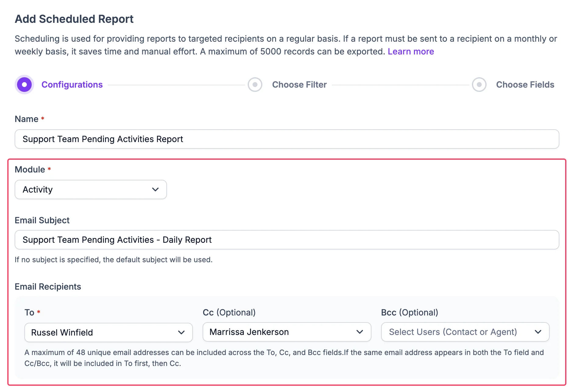Report scheduling interface with fields for Name, Module, Email Subject, Recipients; To, Cc, and Bcc fields are displayed.