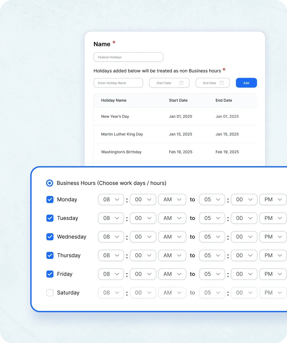 Workflow automation in live chat support software with business hours and holiday settings.