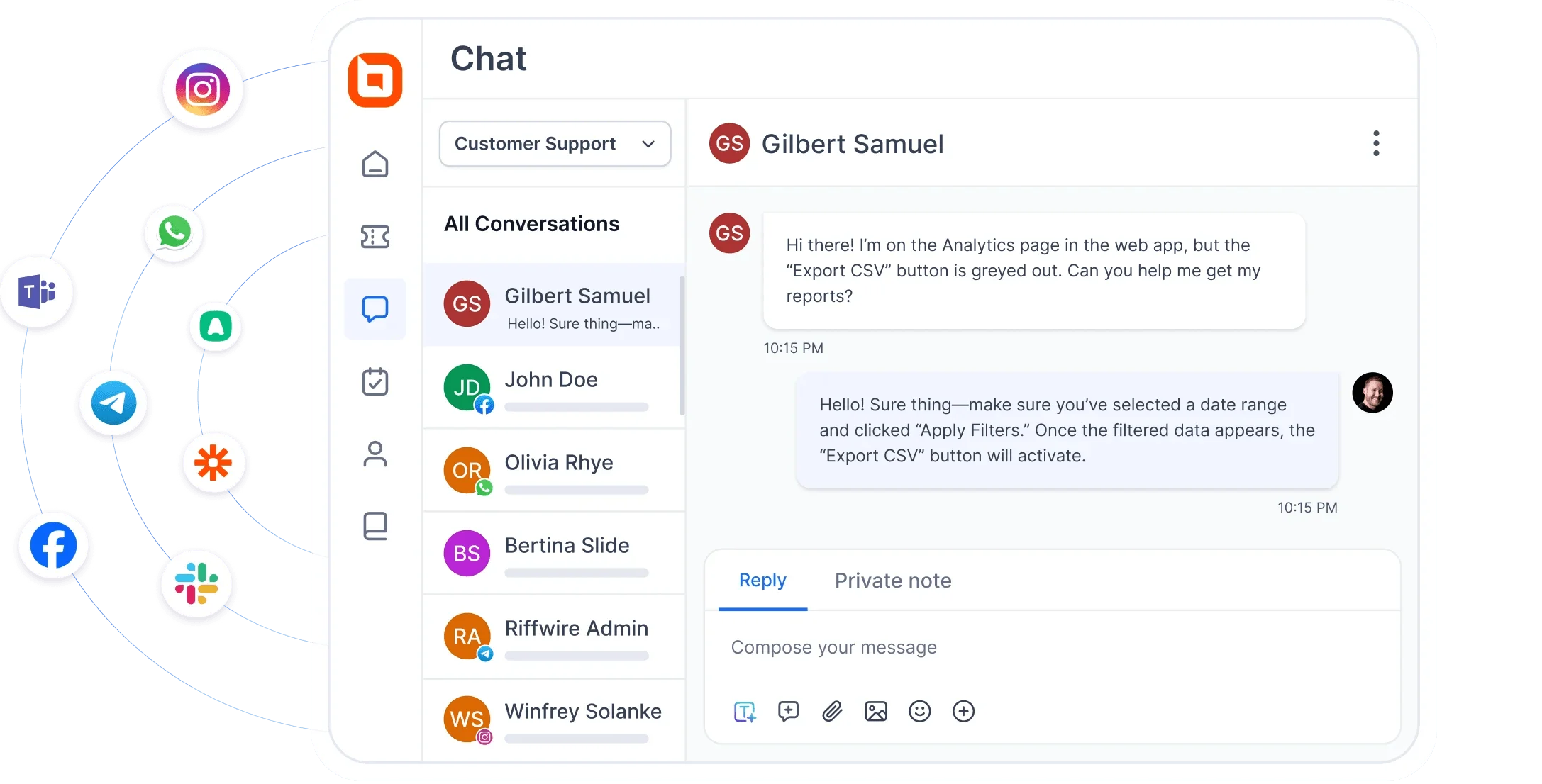 Chat interface with customer support conversations, contact list on left, chat exchange on right, and social media icons for app integration.