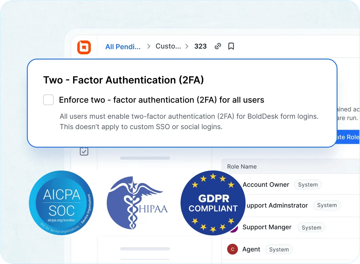 Settings panel to enforce 2FA for BoldDesk users with compliance logos for AICPA SOC, HIPAA, and GDPR