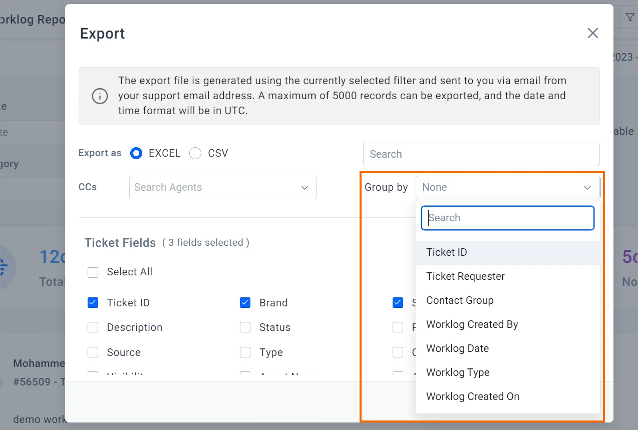 Export settings window with Excel/CSV options; fields include Ticket ID, Brand, Status; grouping dropdown is visible.