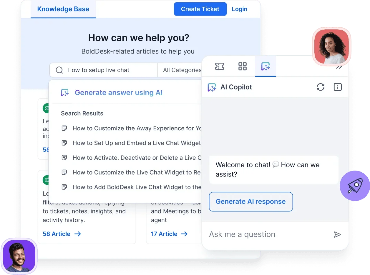 Customer support interface with AI Copilot chat, search bar, article list, and AI-generated responses