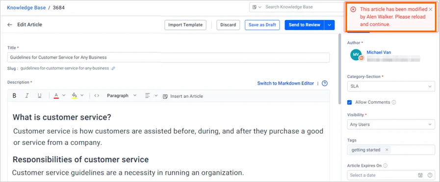 Knowledge base editor with article title, alert box for user conflict, and fields for author, visibility, tags, and content.
