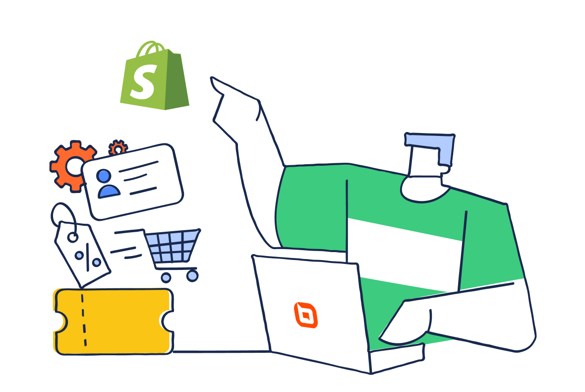 Person using laptop with floating icons: Shopify logo, gear, ID card, shopping cart, and ticket, symbolizing business tools