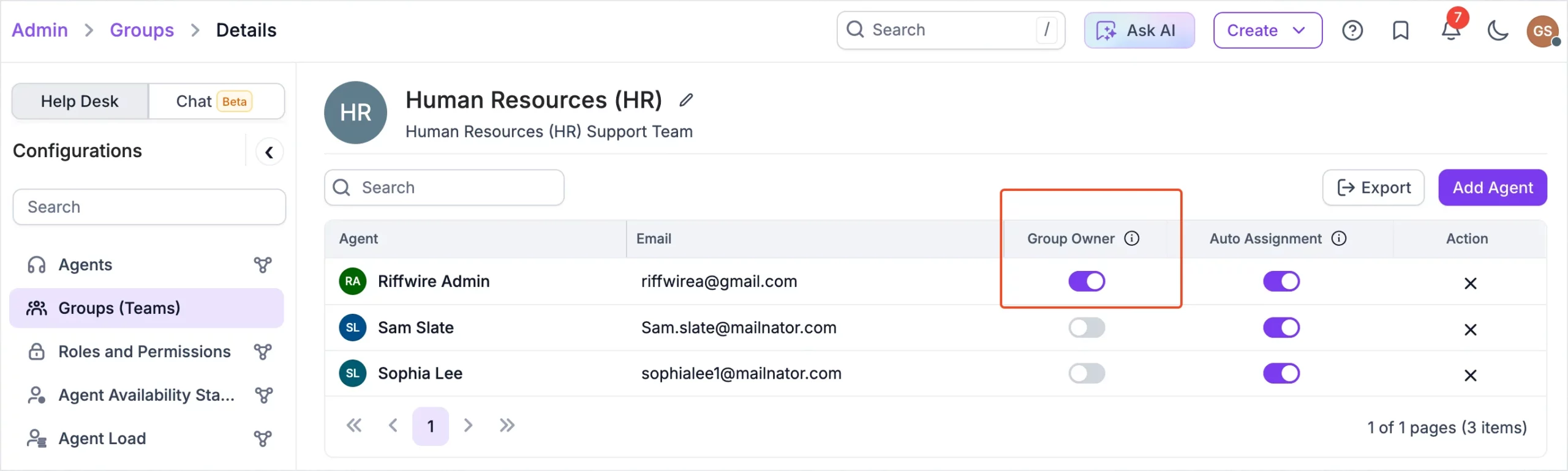 HR dashboard listing 3 agents with emails, owner status, auto-assign toggles; help menu, search, export, and add options.