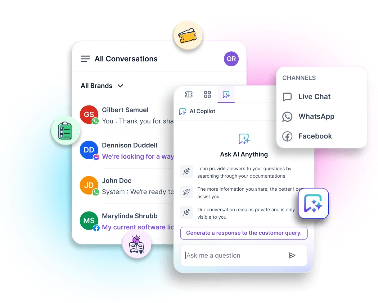 Digital interface with chat features, AI Copilot tab, user conversations, and multiple communication channels