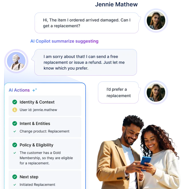Chatbot helps user with damaged product, offering replacement; screen shows chat bubbles, actions, and a happy couple.