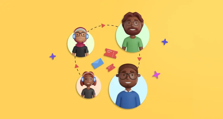 Illustration of four diverse cartoon characters connected by arrows on a yellow background. Icons of mail and tickets are in the center. Playful tone