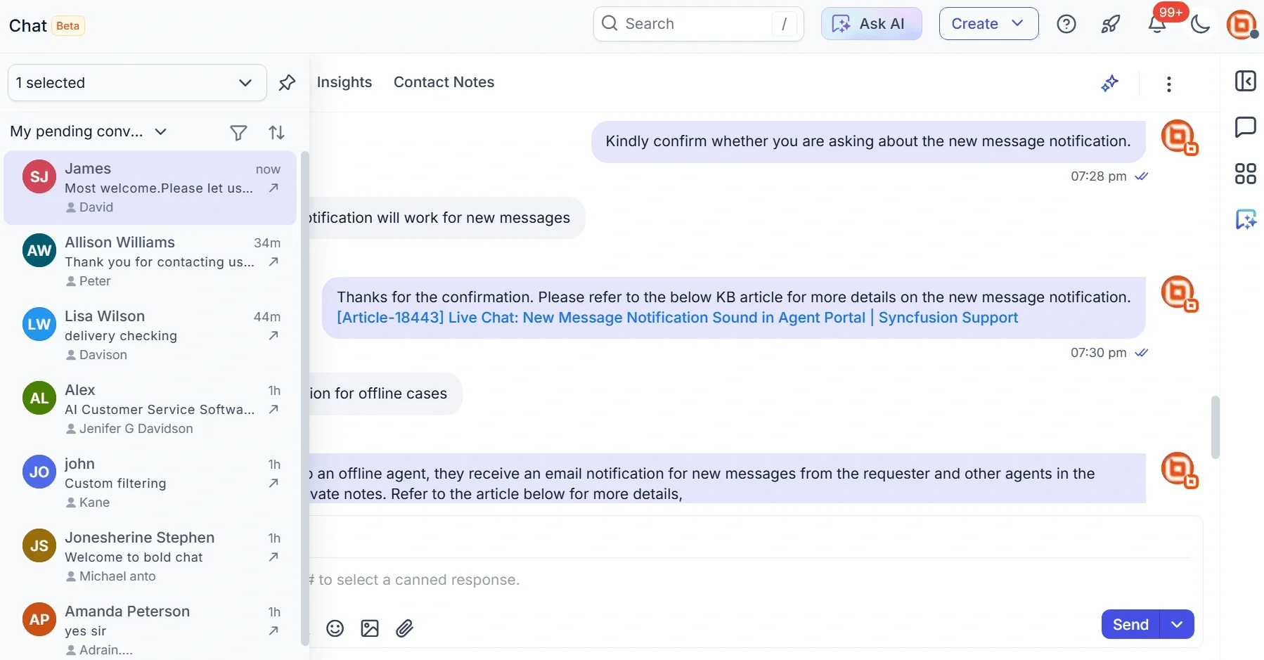 Messaging interface with contacts sidebar; main chat displays professional discussion on message notification settings.