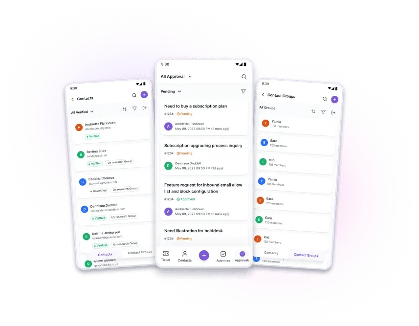Three smartphone screens show email/contact apps with contacts, approval tasks, and groups listed on dark backgrounds.
