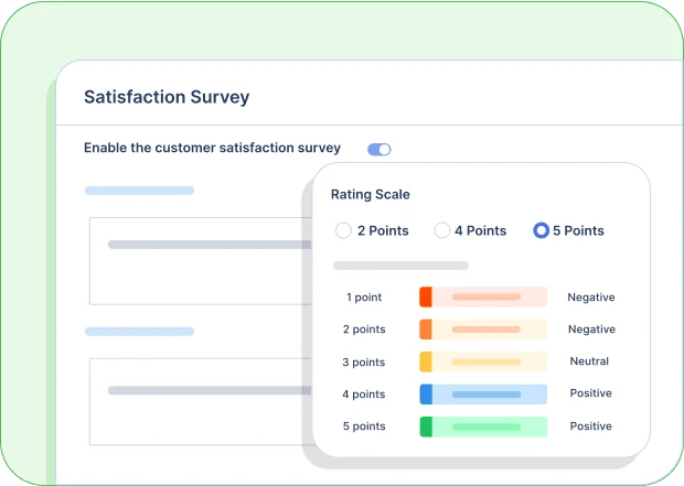 Customer satisfaction survey settings with toggle enabled and 5-point rating scale showing positive feedback selected