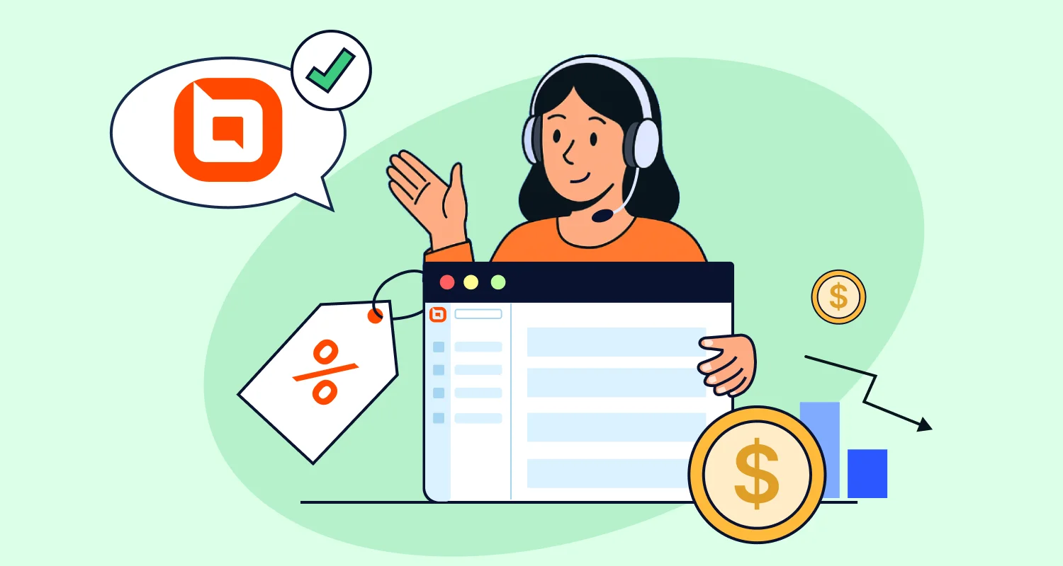 Illustration of a customer support agent holding a price tag and a BoldDesk interface, surrounded by icons of coins and a downward graph, symbolizing BoldDesk's affordable pricing and cost-saving features