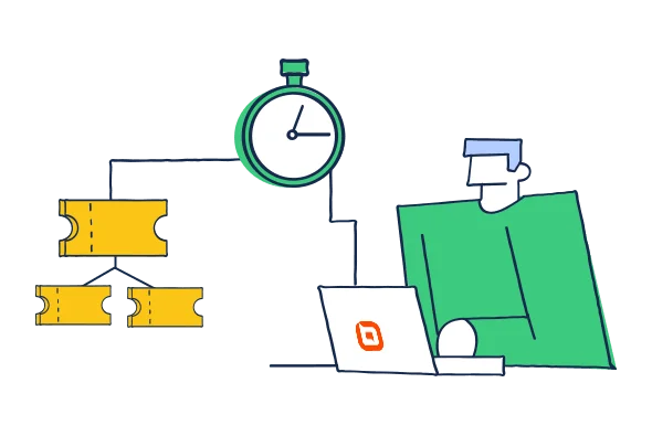 Person using a laptop with a stopwatch and tickets, symbolizing time management or event planning