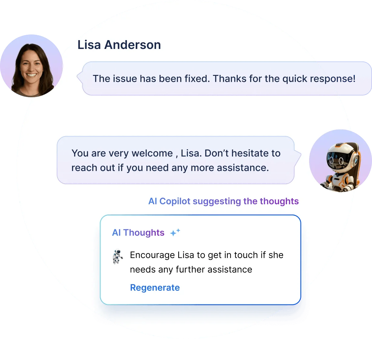 Chat between user Lisa Anderson and AI Copilot, thanking for issue fix and offering further help