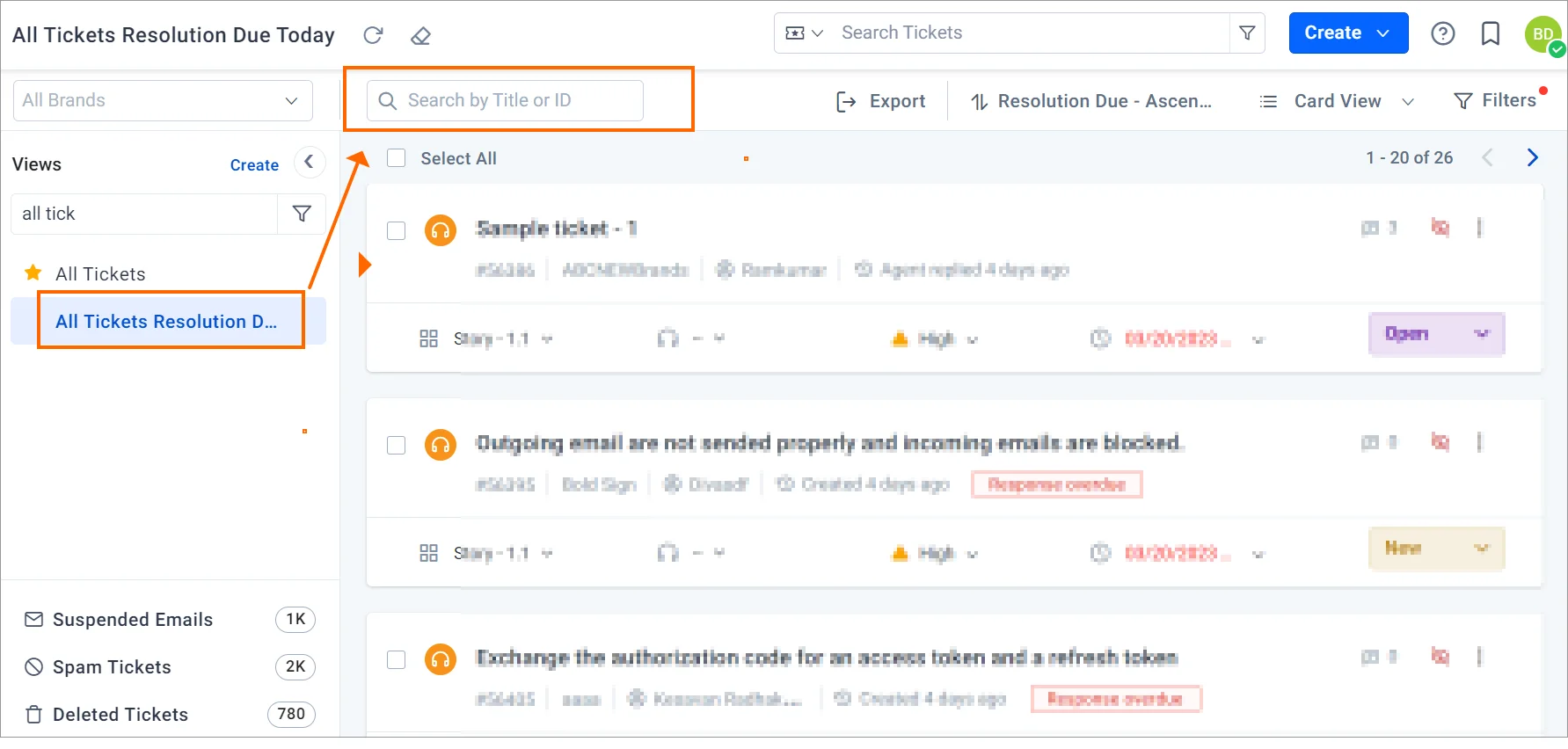 Interface showing ticket resolution dashboard with search bar and ticket details like priority and status.