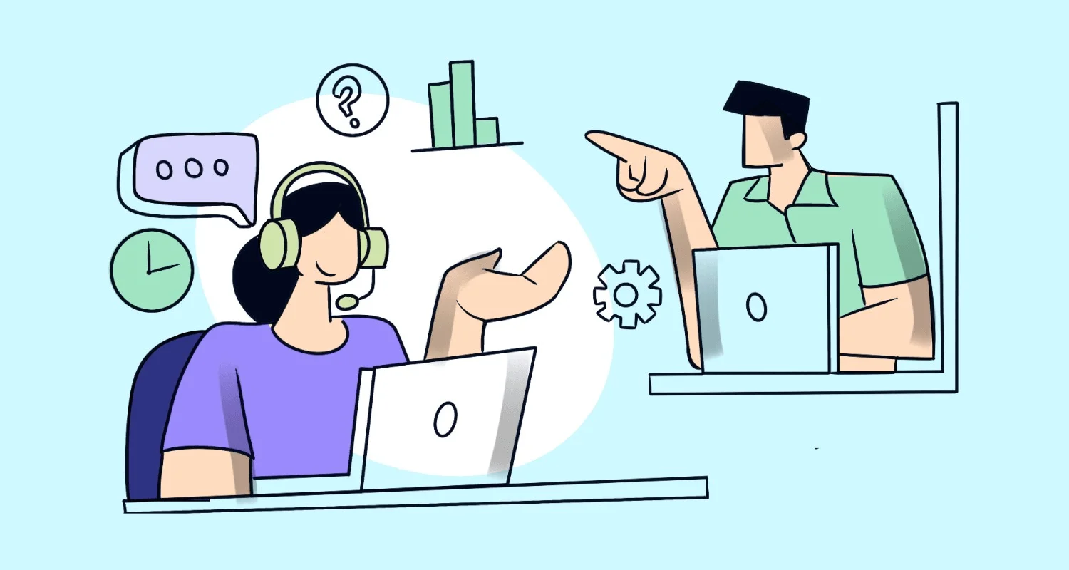Two people communicating via laptops; one with headset and question mark, the other pointing, symbolizing collaboration