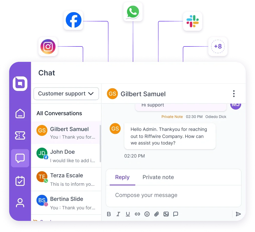 Customer support chat with Gilbert Samuel; social icons above show integration with Facebook, Instagram, WhatsApp, and Slack