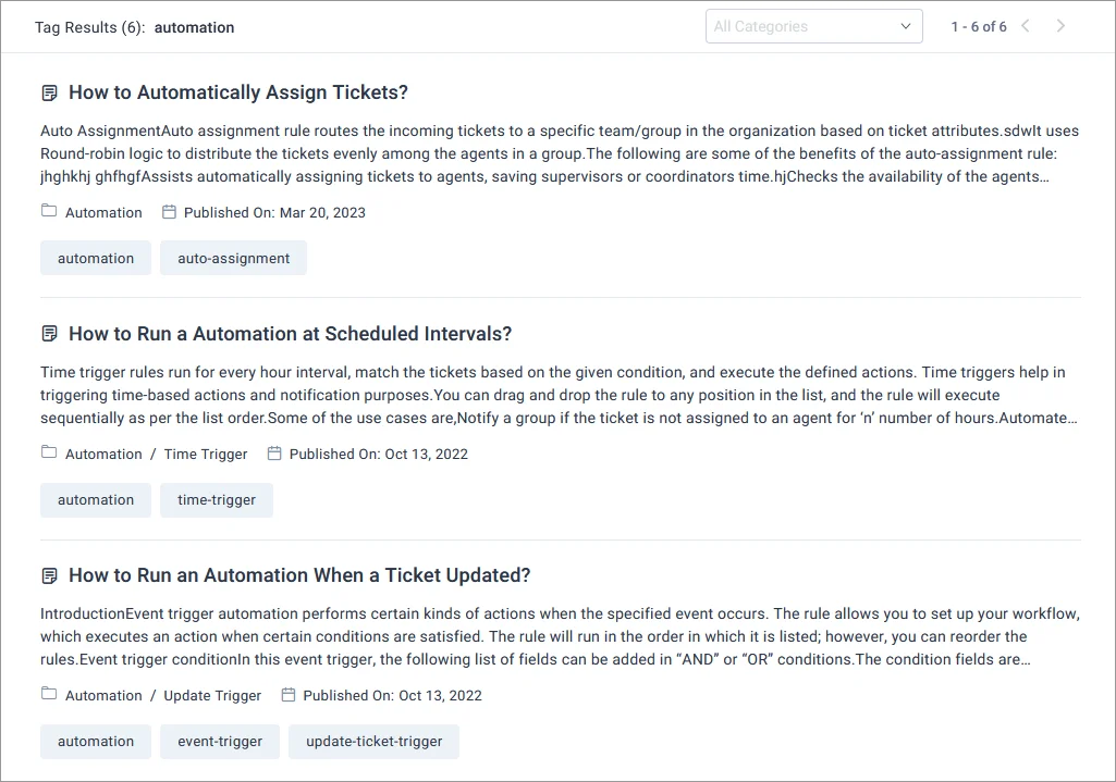 UI displays automation topics like auto-assigning tickets, interval runs, and updates; each entry includes tags and dates.