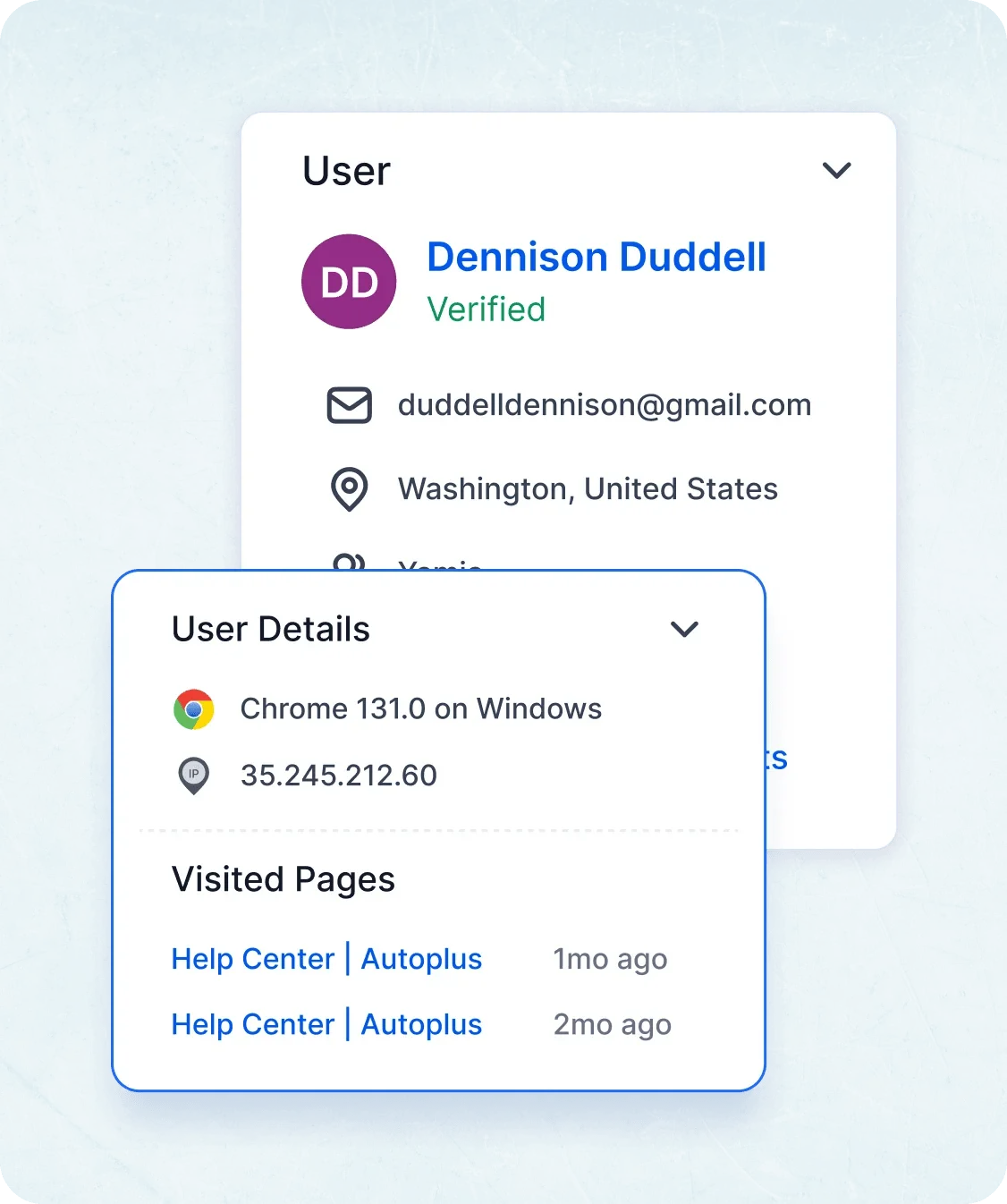 Visitor insights in live chat software show user data, chat history & real-time tracking.