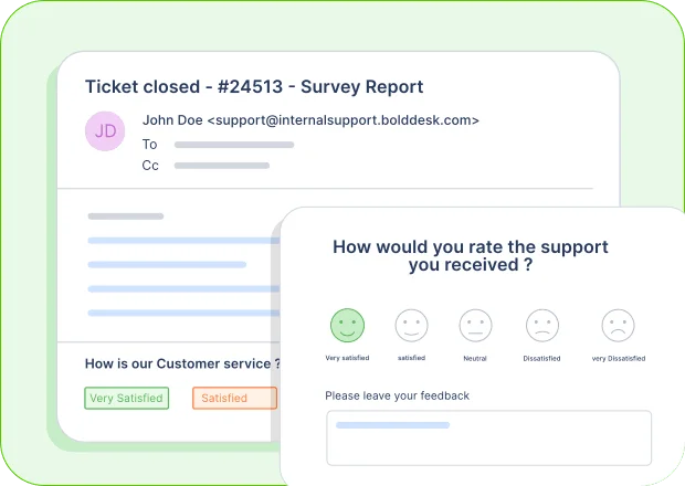 Closed ticket #24513 with survey report showing customer satisfaction rating options and feedback section.