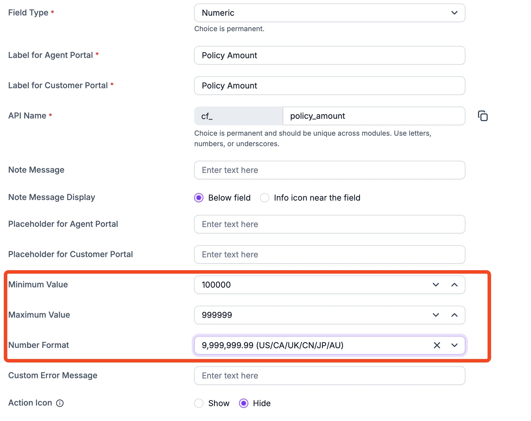 Interface showing numeric policy settings; fields for minimum, maximum, and number format appear in form configuration.