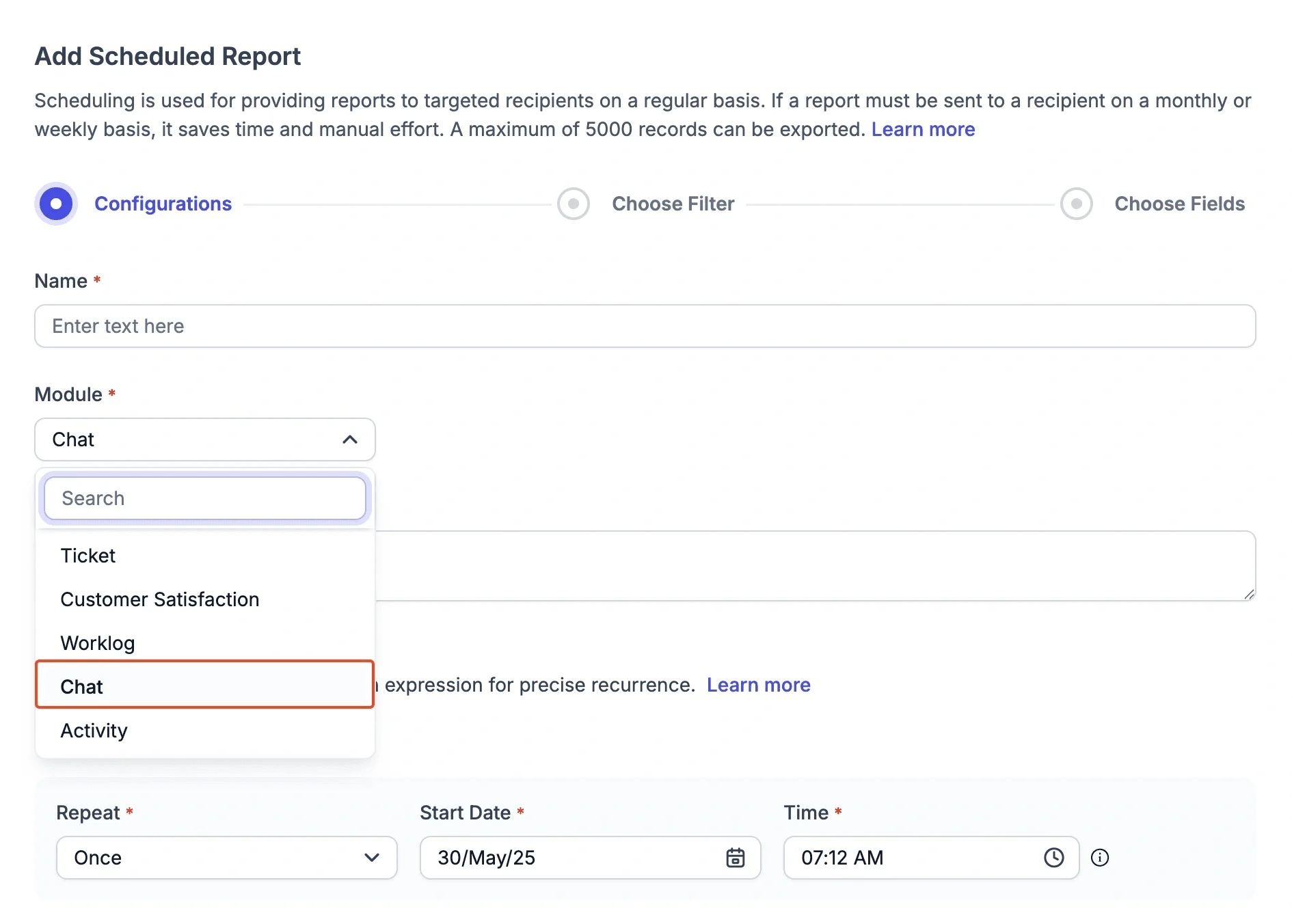 Screenshot of report scheduling form showing name input, module list with Chat selected, and start date/time settings.