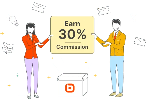 Two people holding a sign that reads ‘Earn 30% Commission’ with icons of ideas, mail, and books around