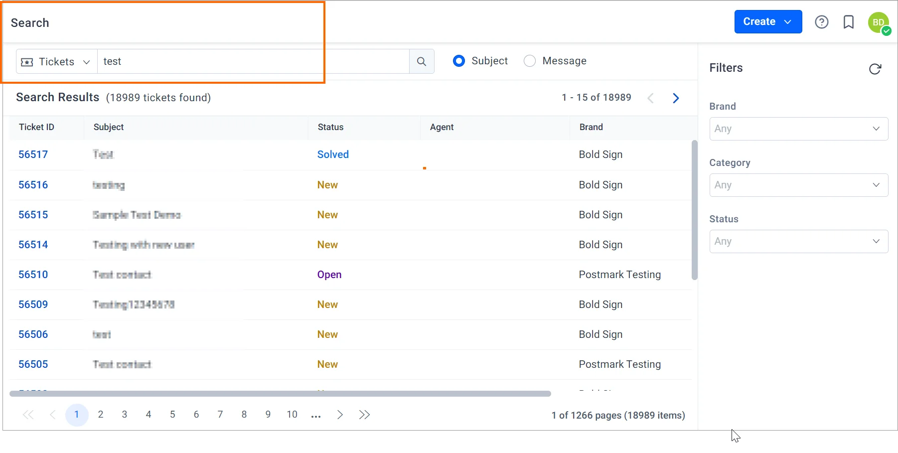 Ticketing UI displaying IDs, subjects, statuses like “Solved” and “New”; brand, category, status filters on right.