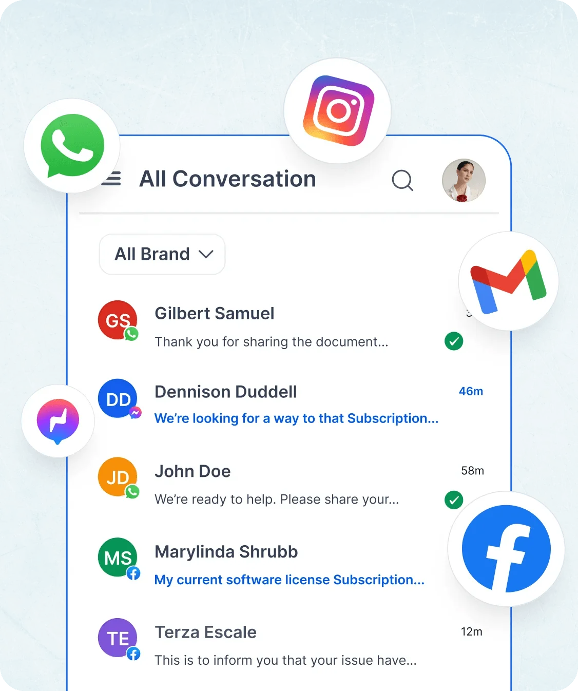 Live chat support software interface with unified messaging from multiple channels.