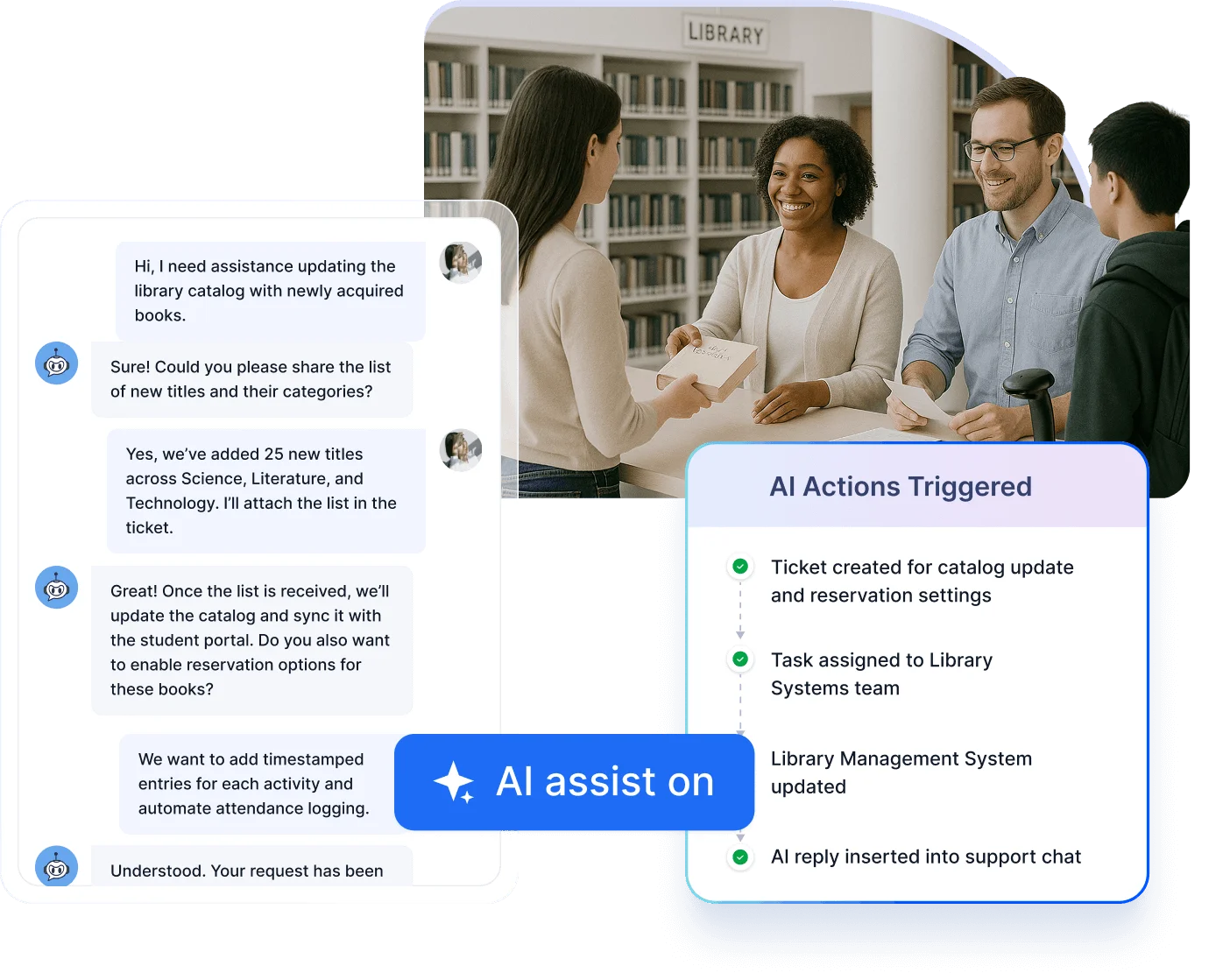 Modern library scene with consultation and overlays showing chat on catalog updates and AI actions like task assignment.