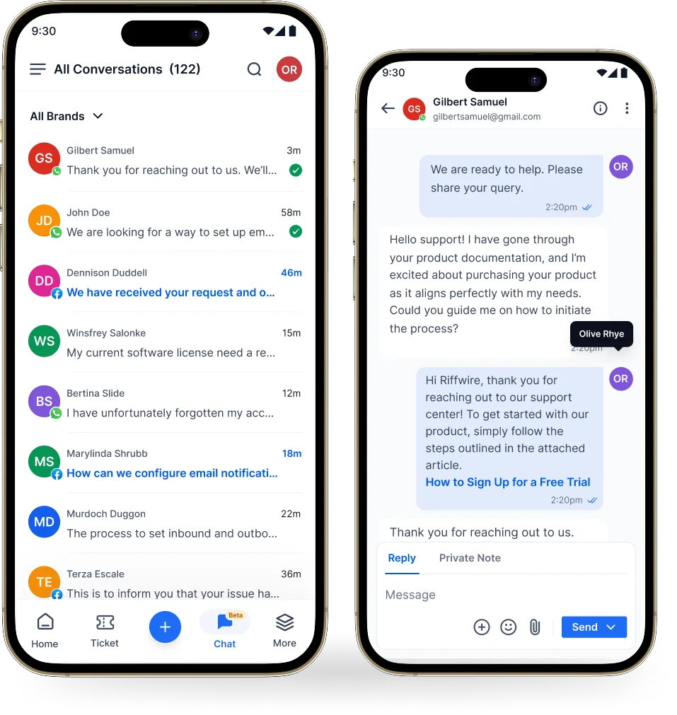 Mobile interface showing customer support conversations and detailed chat thread for product assistance – Finance Customer Service.