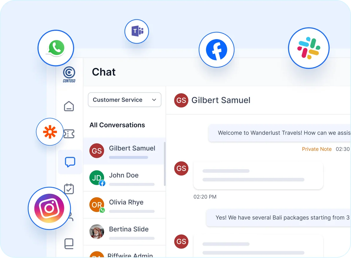 Chat interface showing customer service with app icons like WhatsApp, Facebook, and Instagram to highlight omnichannel integration.